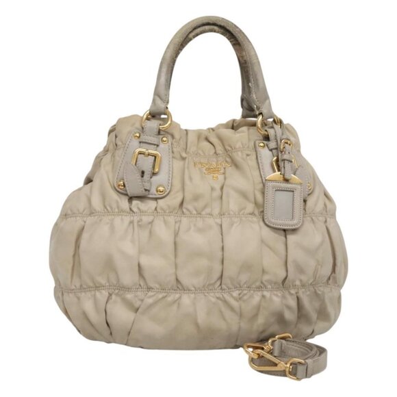PRADA Gathered Hand Bag Nylon 2way Beige Gold Auth yb786 - Picture 1 of 16